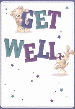 A sense of gentle comfort washes over this illustrated get well card, mirroring the tranquil atmosphere found in Hampton's quiet corners. The artwork depicts a cuddly teddy perched atop the bold, uplifting letters spelling 'GET,' while a playful puppy nestles near the vibrant 'WELL' below. Their rounded shapes and expressive eyes communicate an outpouring of hope and affection, conjuring the same emotional warmth as a thoughtfully arranged bouquet from a local florist. Rich shades of purple and teal, infused throughout the lettering and the scattered twinkling stars, suggest the magic of a heartfelt wish-evoking Hampton's unique energy and community spirit. The pristine white background evokes cleanliness and calm, echoing the clarity found in the early morning light streaming over the Thames path. The attention to every tender detail, from the soft fur textures to the playful composition, is reminiscent of the way fresh blooms are chosen and arranged to brighten someone's day, offering a nurturing touch unique to the Hampton area.